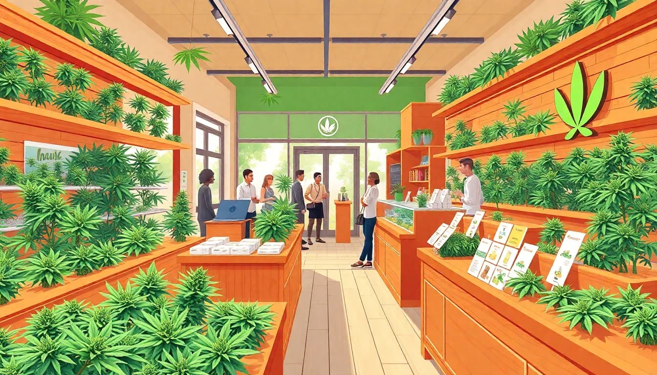Find where can you buy weed online through this vibrant cannabis marketplace illustration.