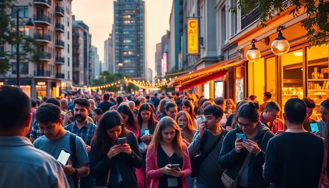 Onlyfans search by city scene depicting locals interacting on social media in an urban café.