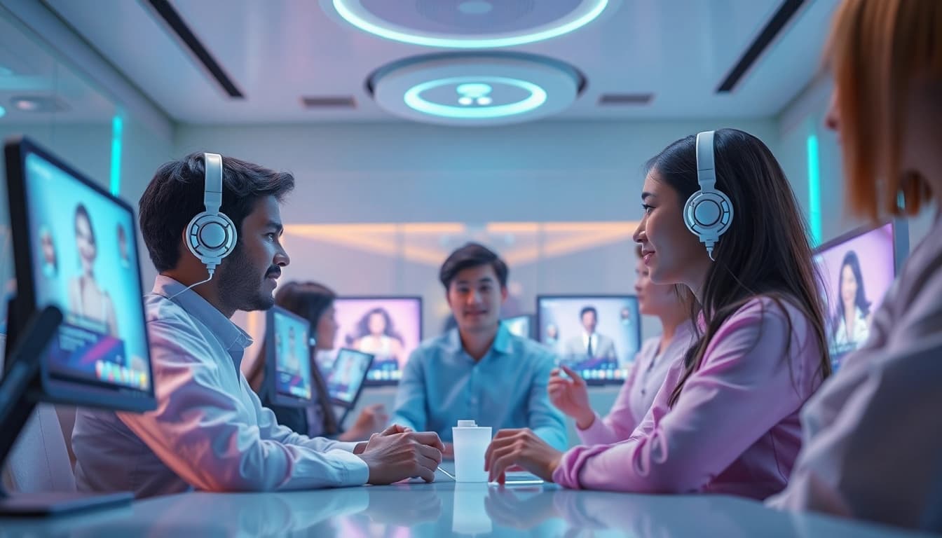Intimate engagement in an AI porn chat room with diverse virtual characters.