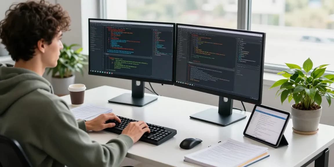 Developer coding in a modern office setting showcasing 24/7 Clones with dual monitors and tech tools.
