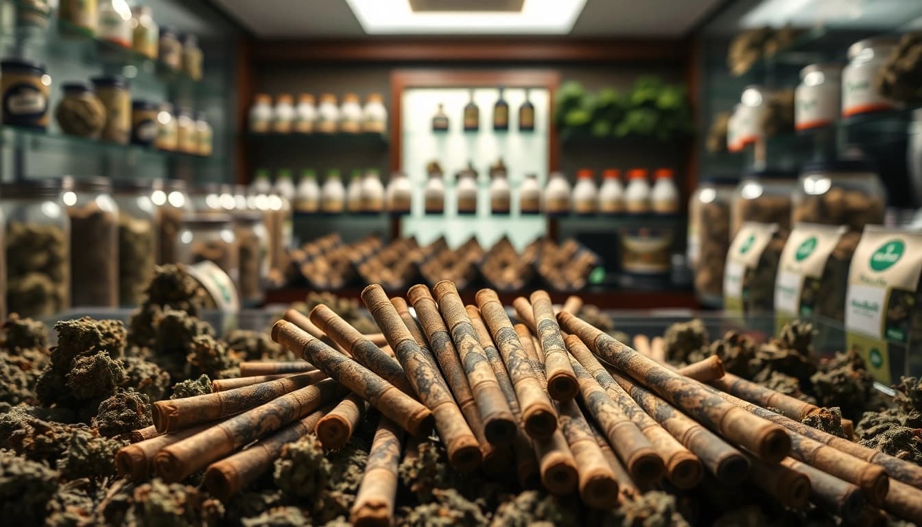 Visualizing the cost of ounce of weed alongside premium pre-rolled joints in an inviting dispensary.