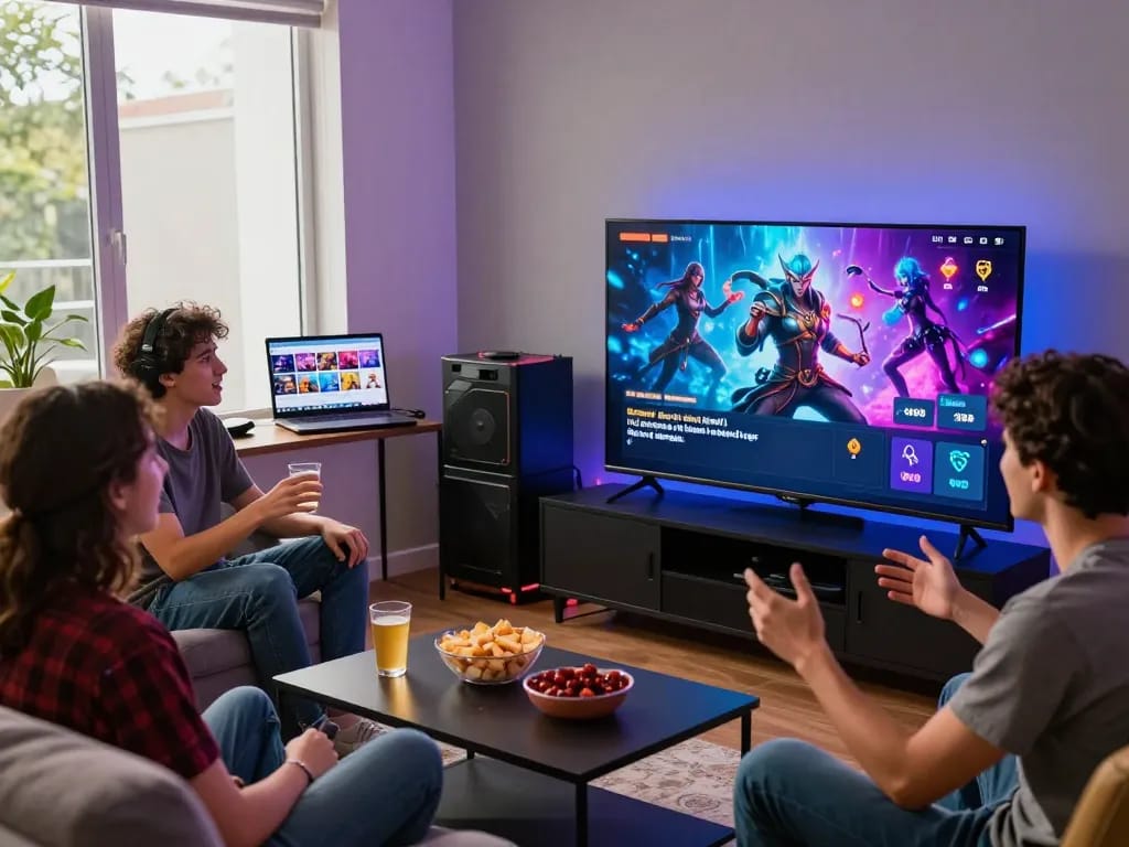 Diverse friends playing online sex games together in a vibrant gaming room.