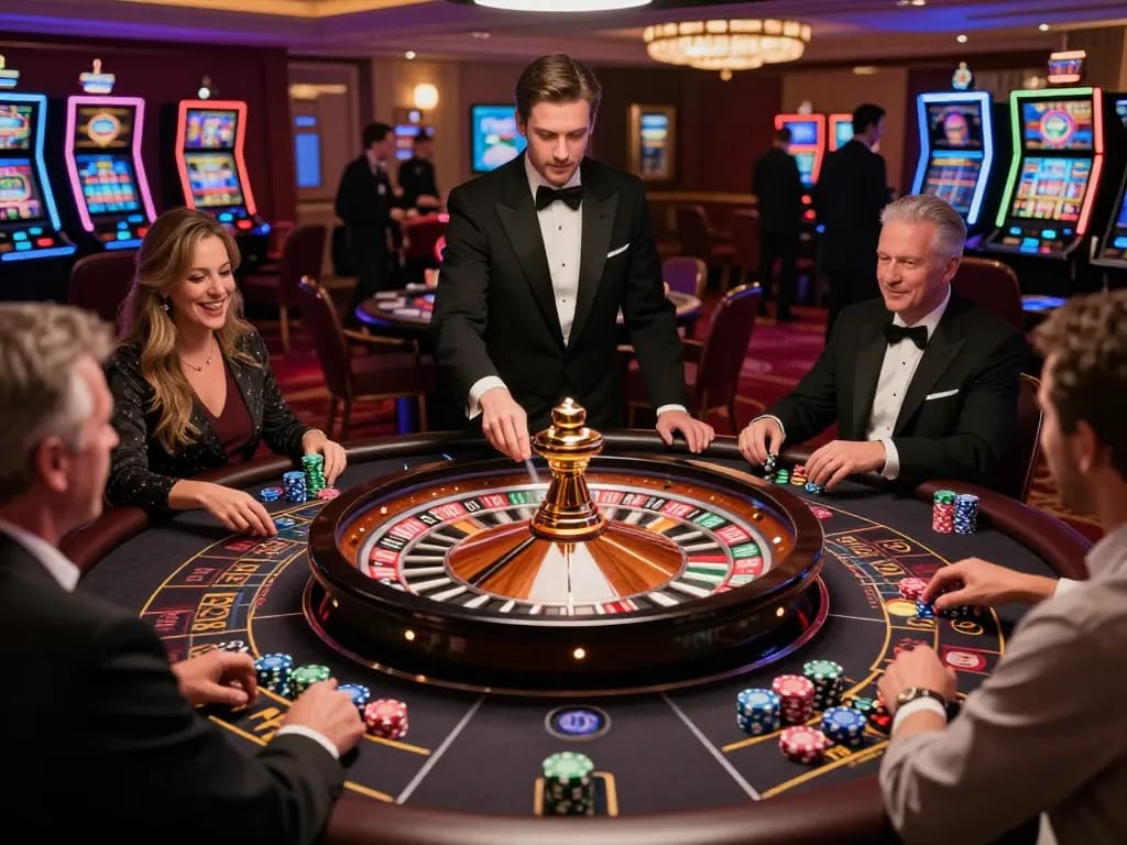 Players placing vibrant bets on the roulette table at a luxurious casino, exploring s8.com games.