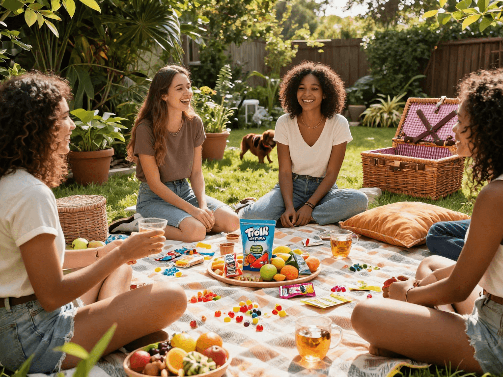 Trolli originals THC infused gummies at a joyful outdoor wellness picnic with friends, showcasing organic, flavorful cannabis edibles in a natural setting.