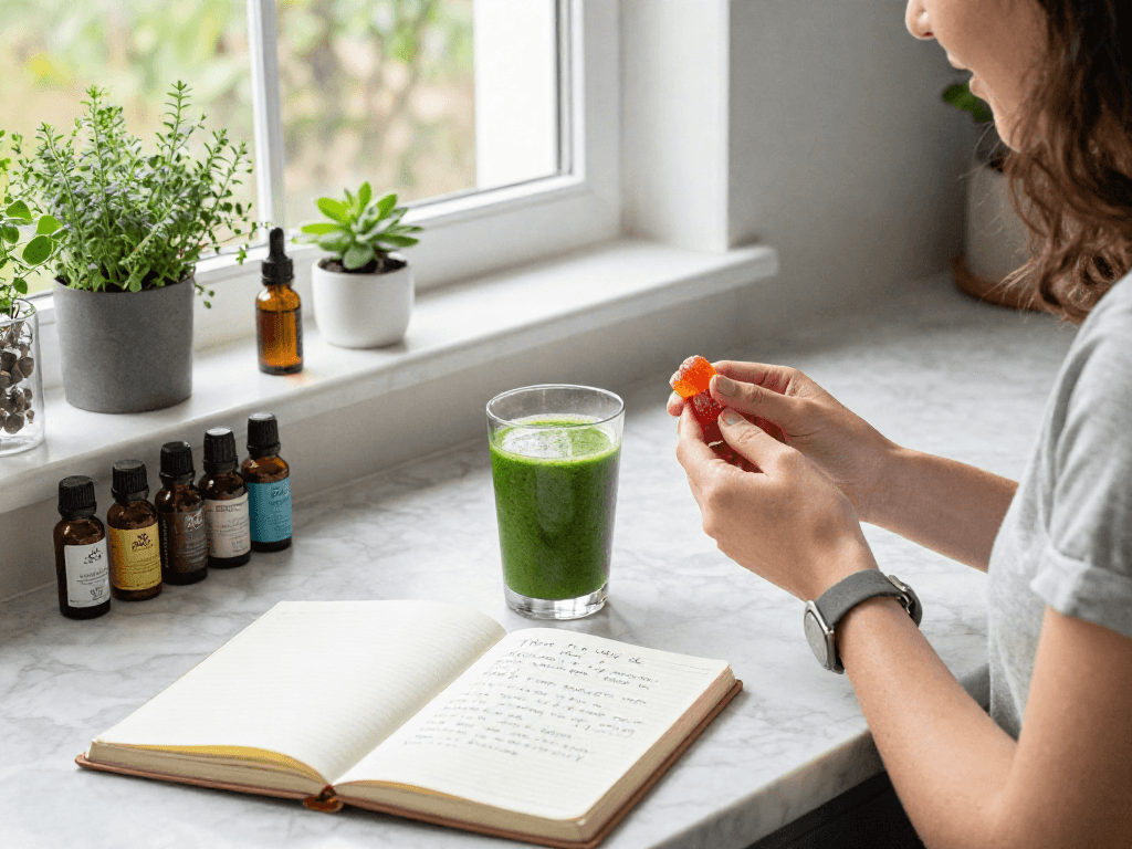 Trolli candy gummy with CBD oil in a bright kitchen wellness scene