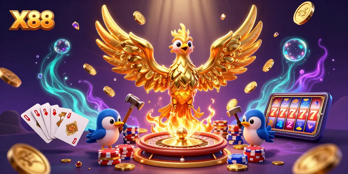Experience the thrill of winning at X88 with molten gold elements and dynamic casino symbols.