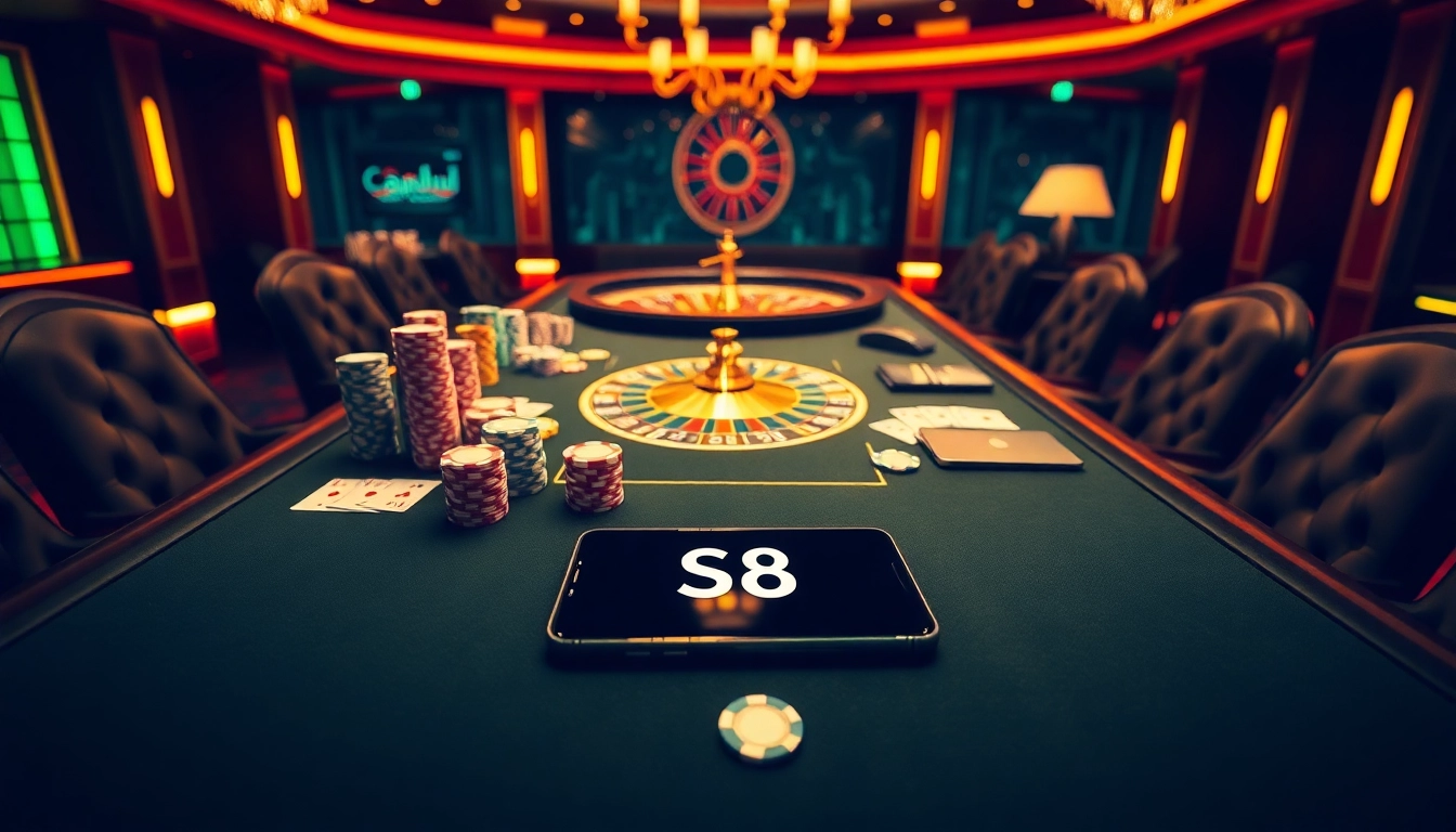 S8 logo enhances the luxury of a vibrant casino scene with poker chips, cards, and roulette.