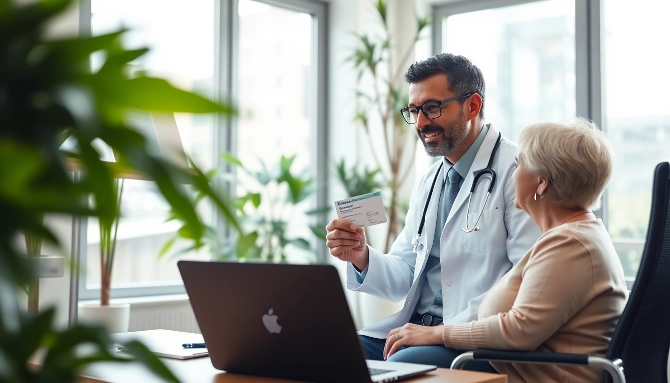 Doctor discussing Medical marijuana card with a patient in a modern medical office.