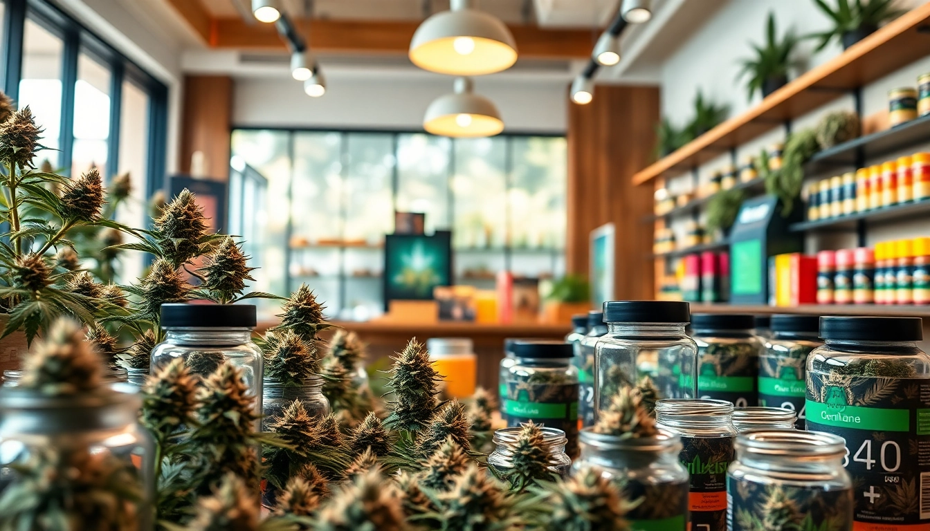 Browse the diverse cannabis selection at the Weed Store with inviting lighting and modern decor.