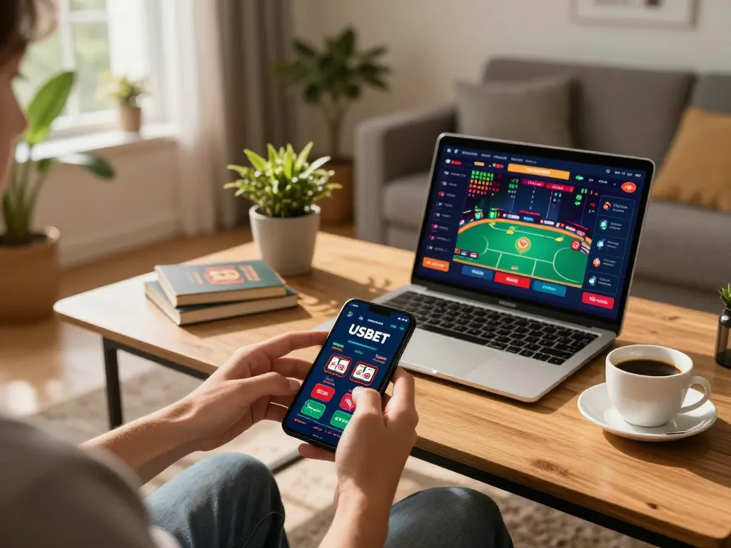 Engaging with the USBET casino app on a smartphone in a cozy home environment.