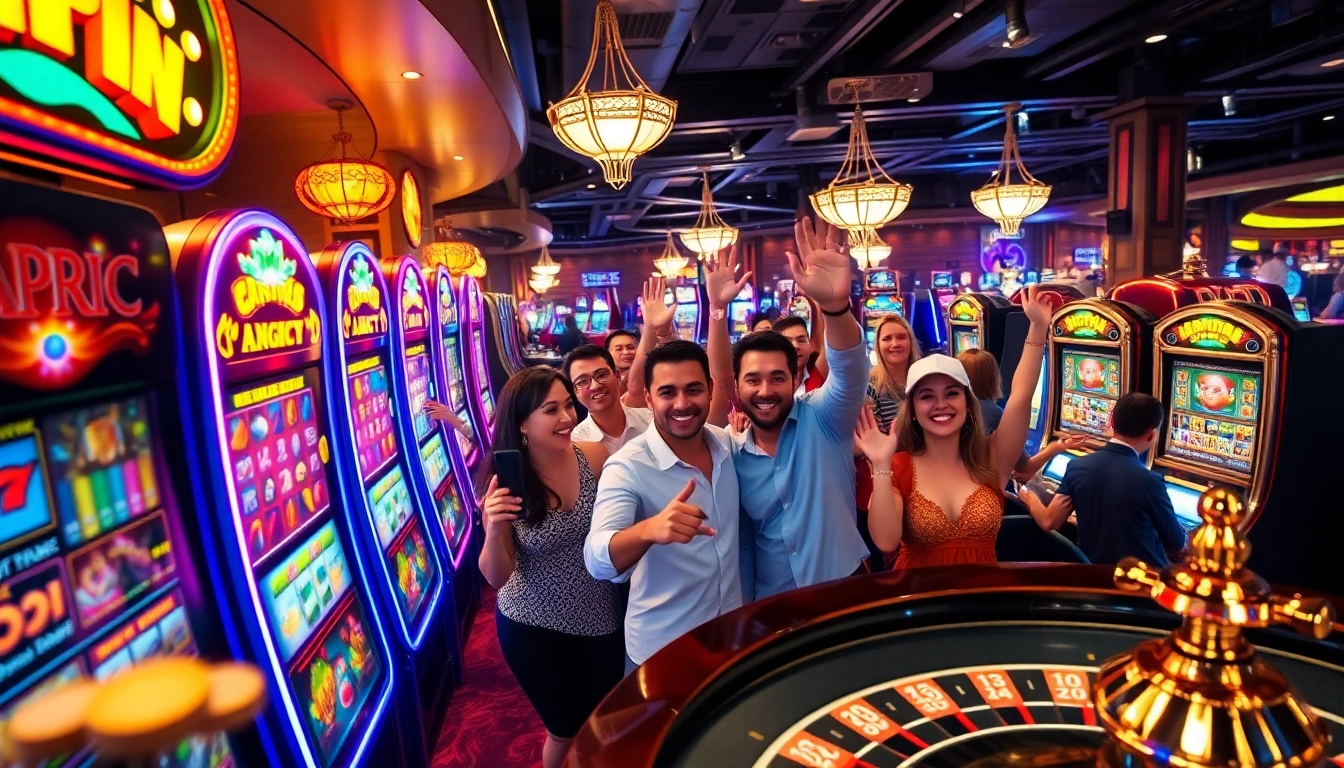 Experience the thrill of demo slot pragmatic games with players cheering at vibrant slot machines.
