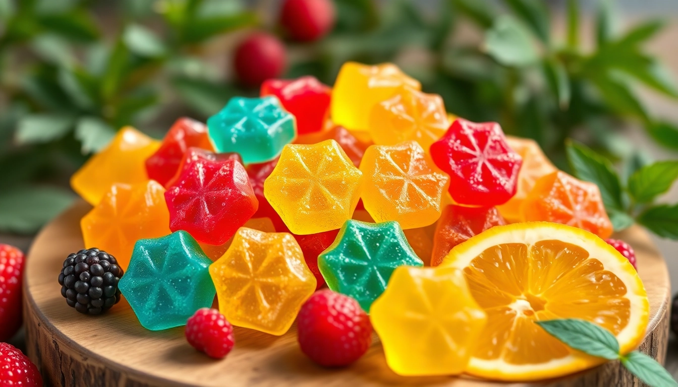 Engaging display of Weed Gummies surrounded by fresh fruits, showcasing vibrant colors.