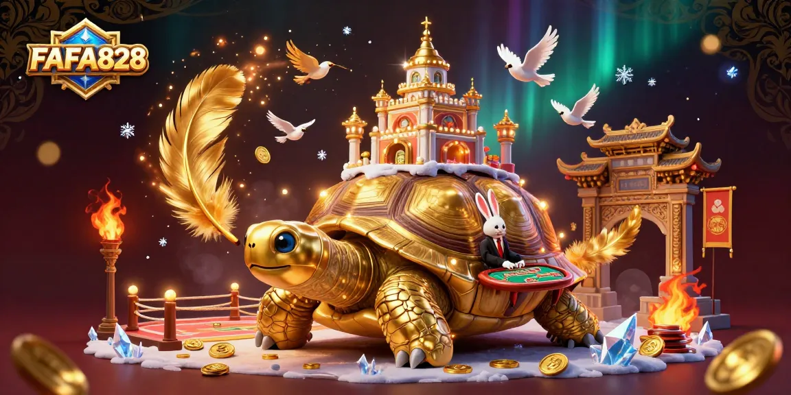 Engage with FAFA828's vibrant casino scene featuring a golden tortoise and rabbit dealer amidst thrilling action.
