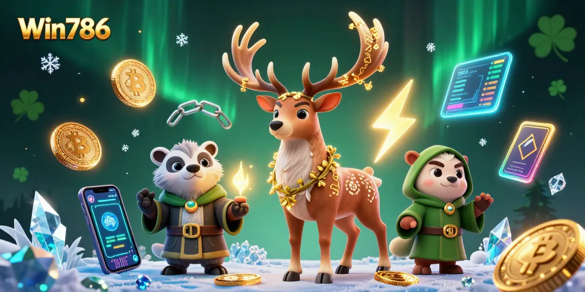 Win786 showcases a vibrant 3D casino scene with Celtic characters and glowing cryptocurrencies.