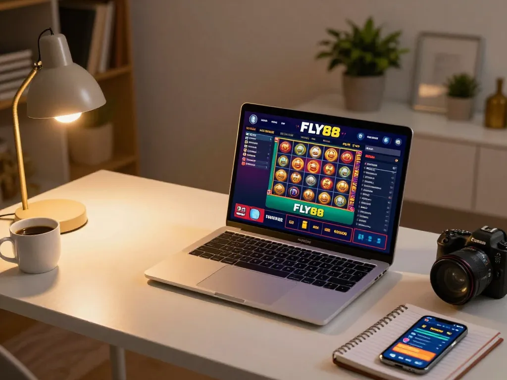 Engaging FLY88 online casino gaming session showcasing vibrant slot reels on a modern laptop