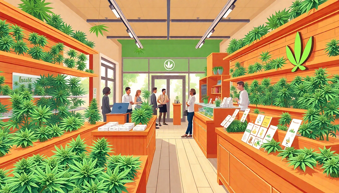 Find where can you buy weed online through this vibrant cannabis marketplace illustration.