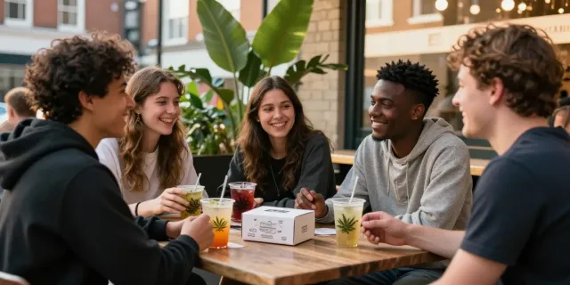 Friends enjoying cannabis snacks in Luton, highlighting weed delivery luton service.