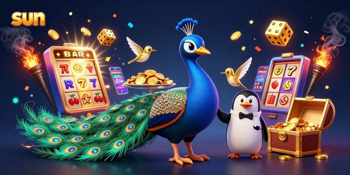 Sun-themed 3D casino illustration showcasing a peacock, butler penguin, and hummingbird in a dynamic gambling scene.