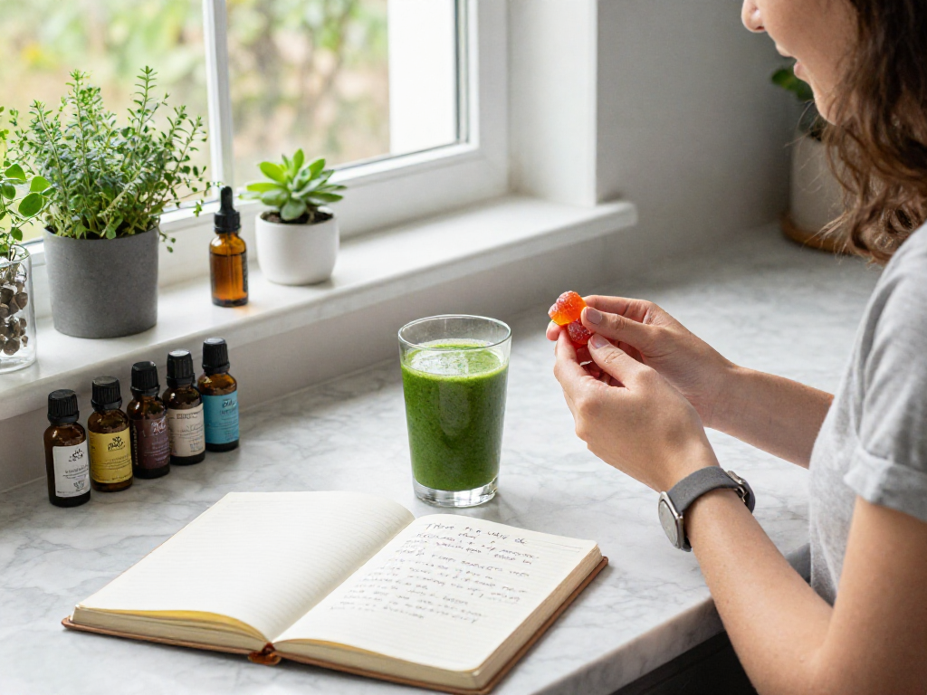 Trolli candy gummy with CBD oil in a bright kitchen wellness scene