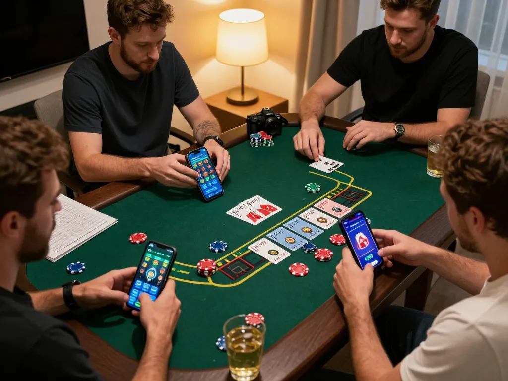 X88 players enjoy an exciting online blackjack game with mobile devices in a cozy living room