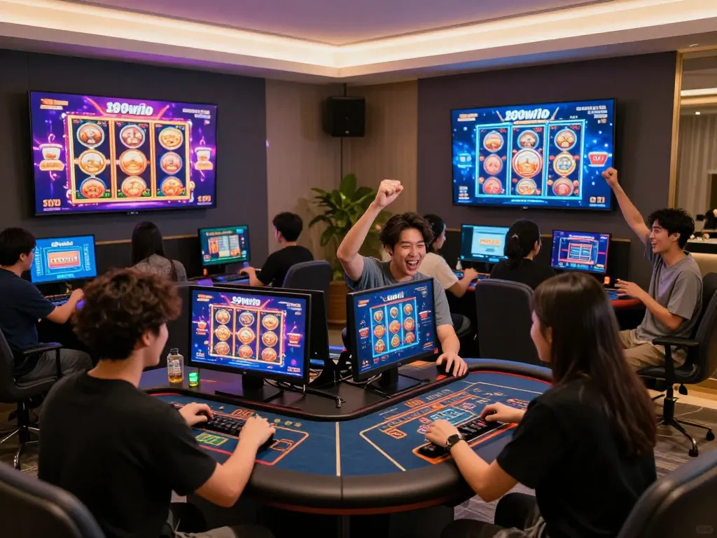 Players celebrating wins at a vibrant 99win online casino game party with digital displays.