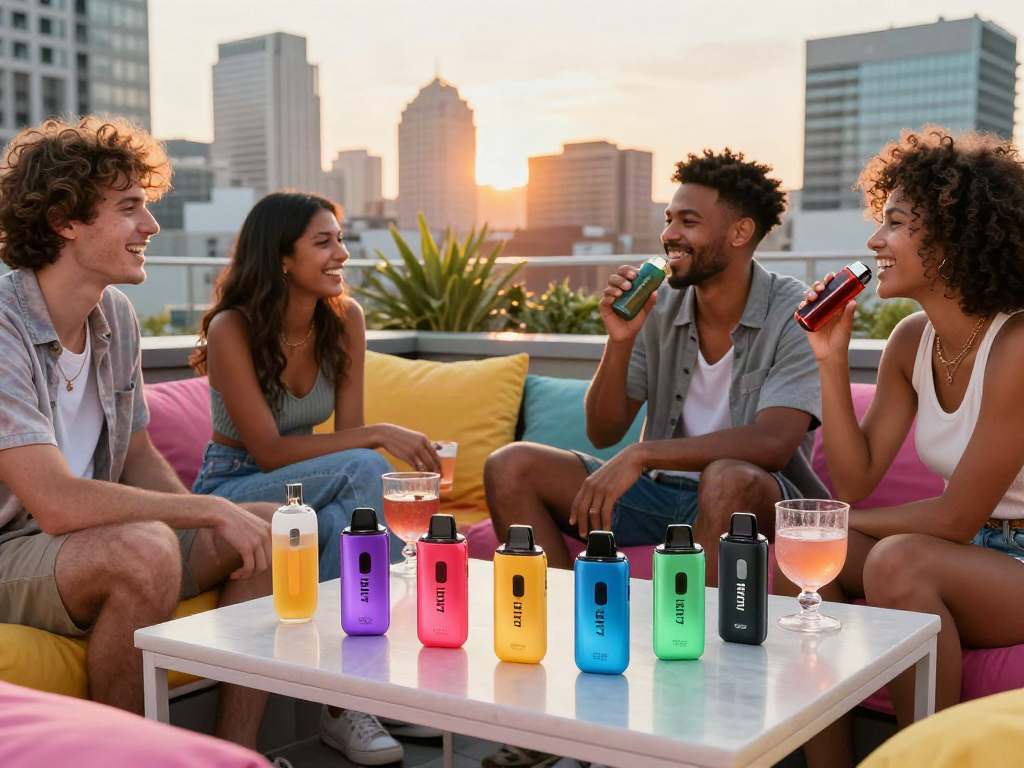 Friends savoring flavors of Hitz infinity Gen 7 disposable vapes at a rooftop terrace.