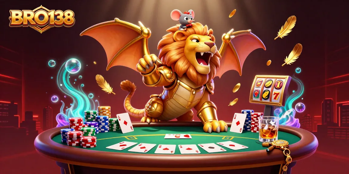 Experience the thrill of BRO138 as chimera and mouse jockey celebrate big wins at the poker table.