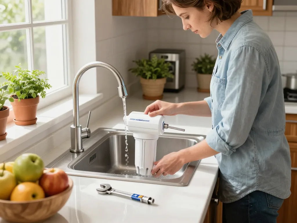 AQUA CREST GXRTQR Inline Water Filter installation in a bright kitchen, highlighting clean water benefits.