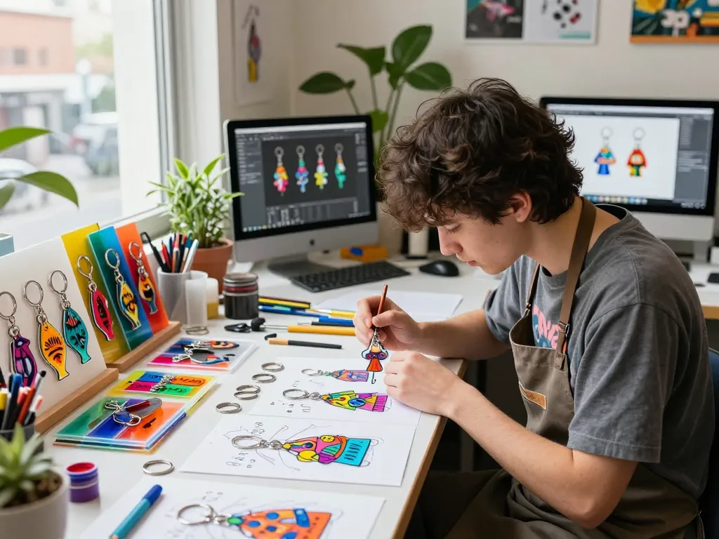 Designer customizing vibrant custom key chain in creative workshop with acrylic samples and tools.