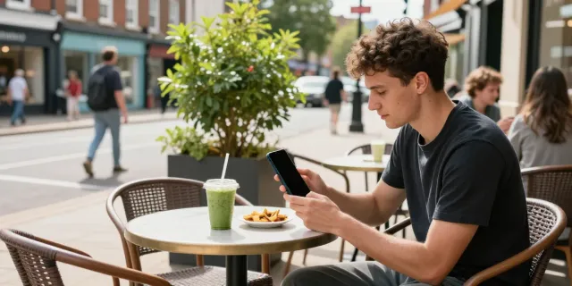 Weed delivery Luton: Young adult ordering cannabis on a smartphone at a café.