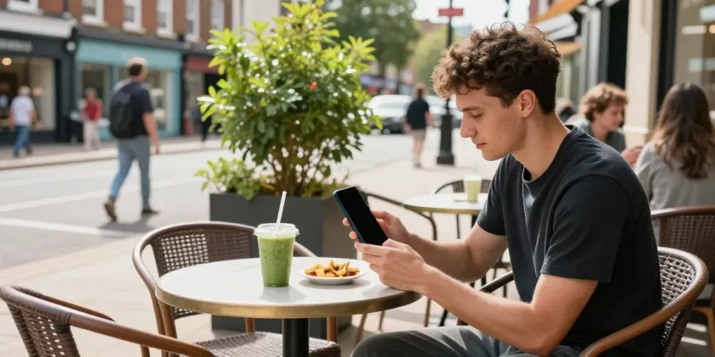 Weed delivery Luton: Young adult ordering cannabis on a smartphone at a café.