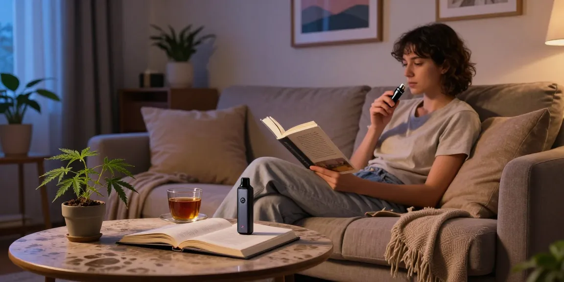 Enjoying a thc weed vape in a cozy living room, surrounded by wellness items and soothing decor for natural relaxation.