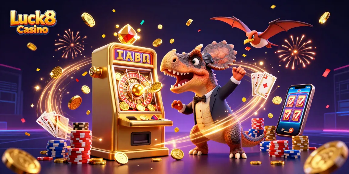 Luck8 Casino scene with cartoon dinosaurs celebrating jackpot wins and flying coins.