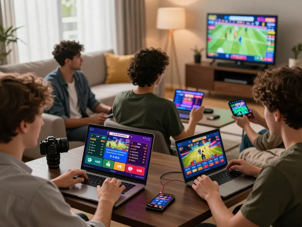 Engaging scene of players using nhà cái 8kbet on various devices, showcasing dynamic betting experiences.