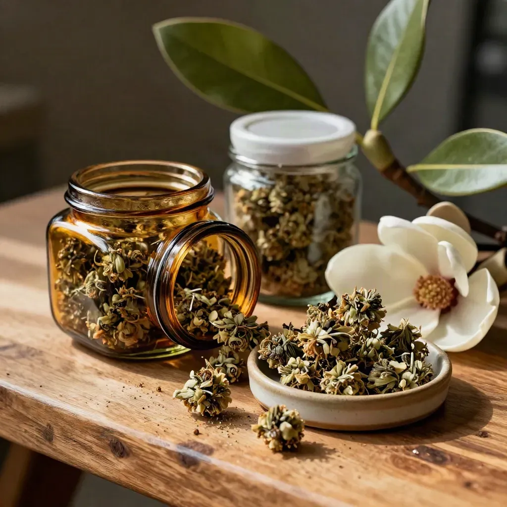 Open flower jars and a ceramic tasting dish with fresh buds on a butcher-block shelf.