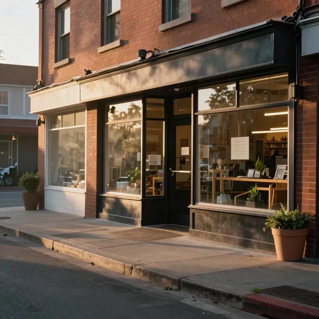 Quiet dispensary storefronts glowing at closing time under evening haze and long shadows.