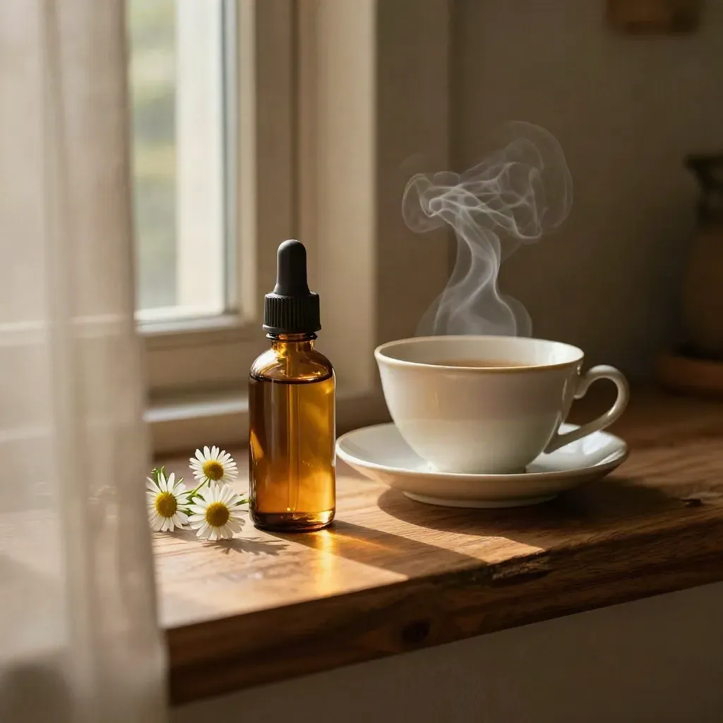 CBD tincture, chamomile sprig, and teacup on a sunlit windowsill with soft steam.