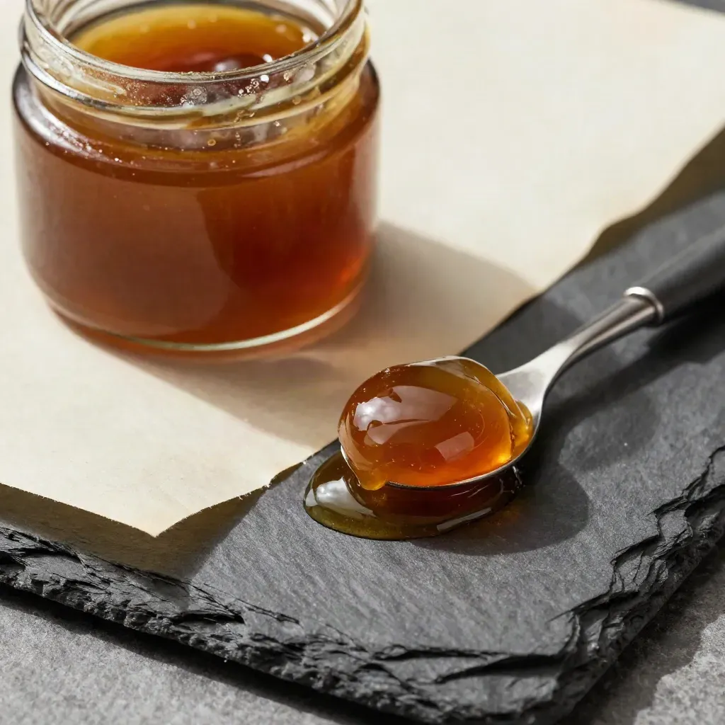 Rosin, wax, and live resin jars with a dab tool and glossy scoop on slate
