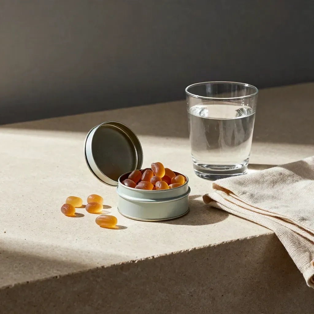 Open gummy tin, mint tin, water glass, and linen napkin on travertine