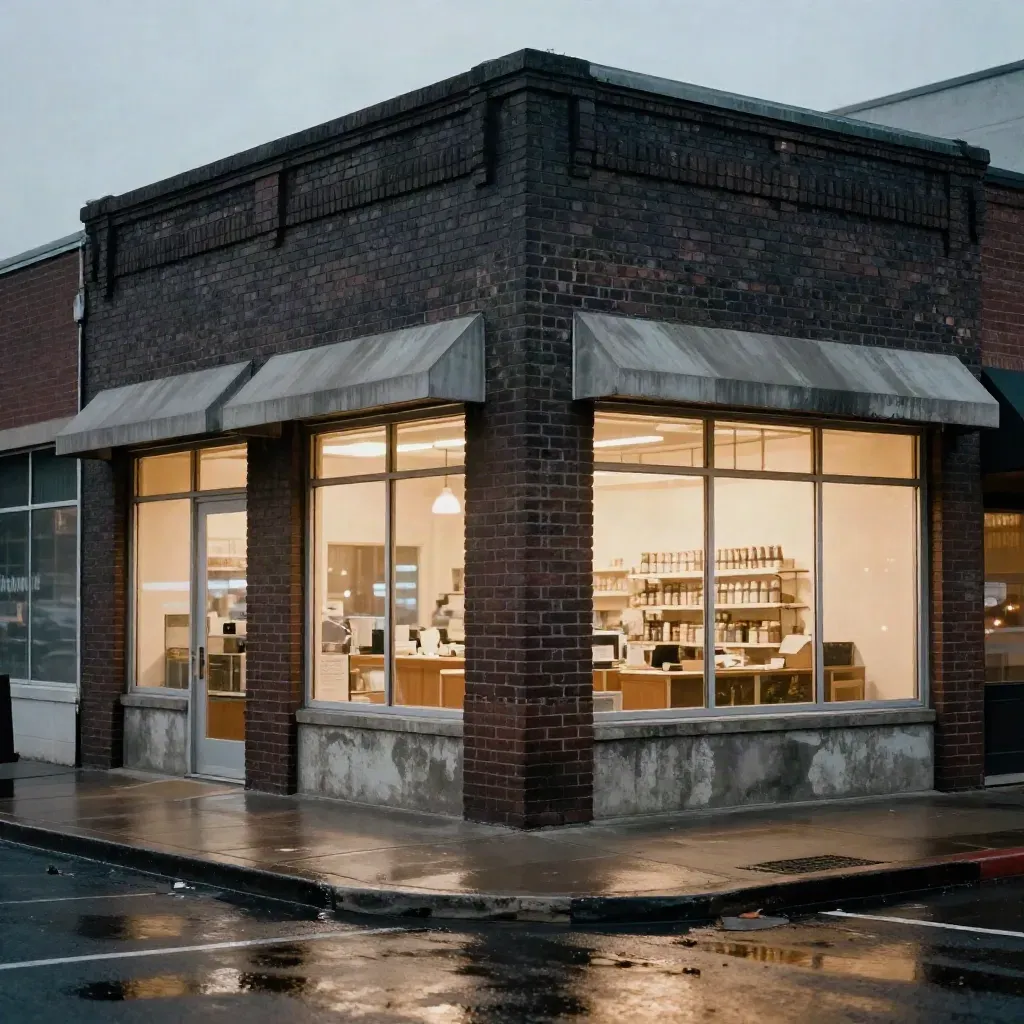 Rainy Denver dispensary storefront glowing at dusk, viewed low from the curb.