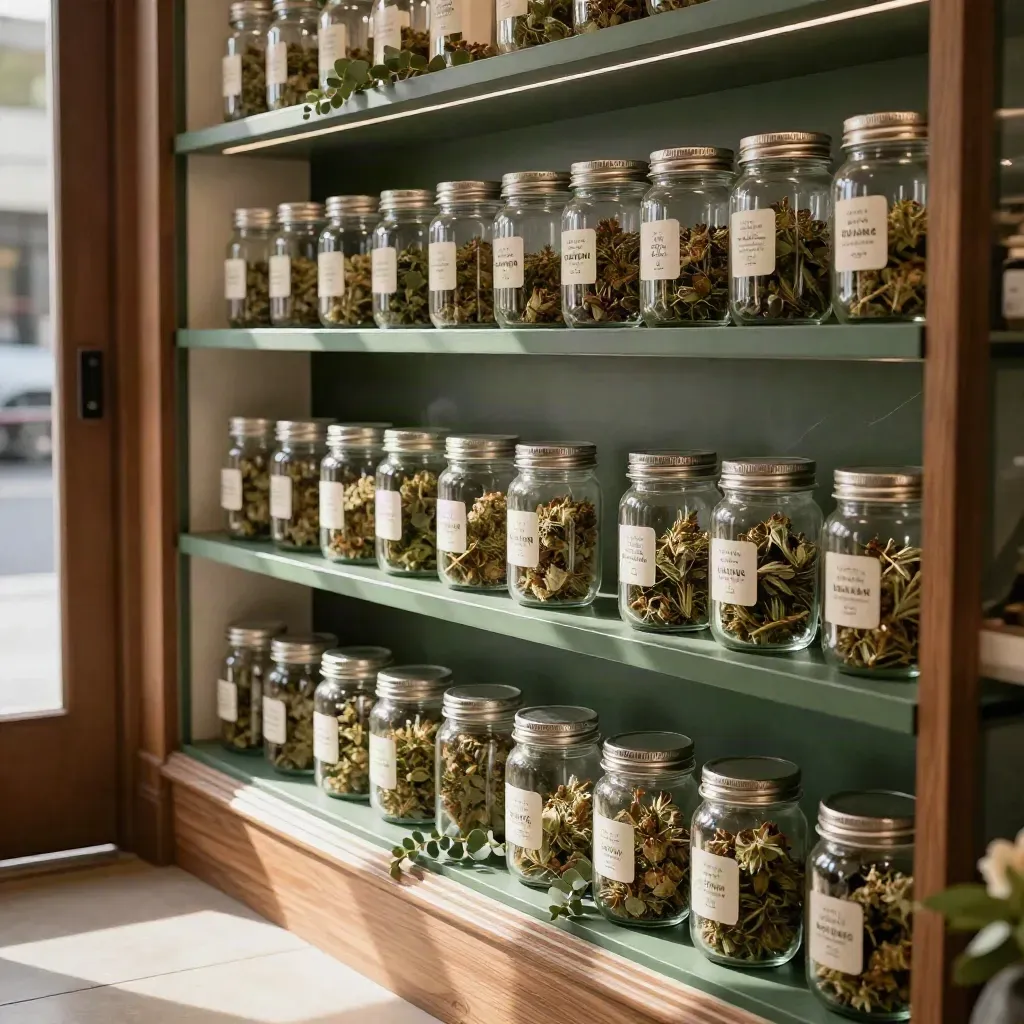 Oakland dispensary flower display with jars, eucalyptus sprigs, and warm late-afternoon window light.