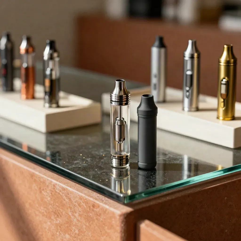 Vape carts and battery sizes lined on a glass dispensary counter in warm daylight.