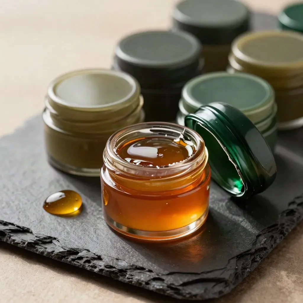 Glossy live resin jars on slate with an amber tool and one opened jar