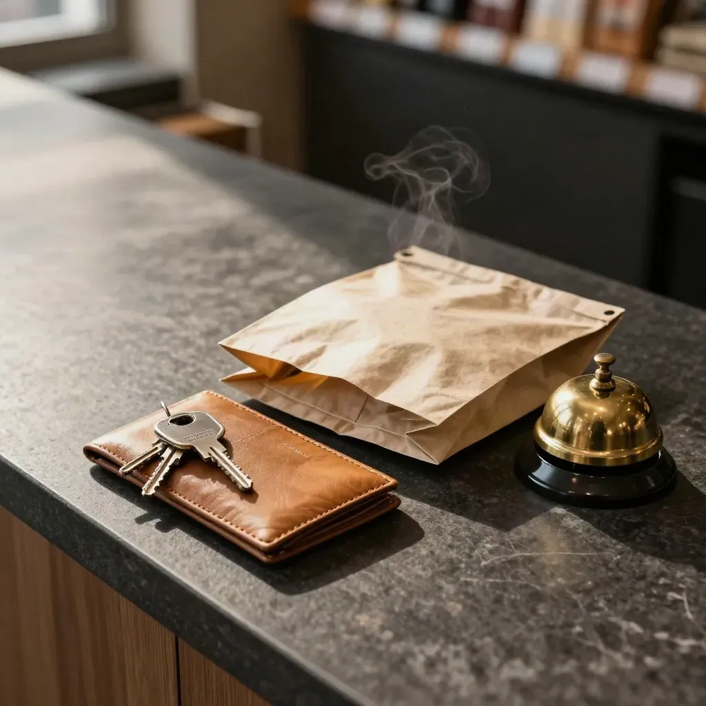 Warm dispensary counter with wallet, keys, tote, sealed bag, and brass bell.