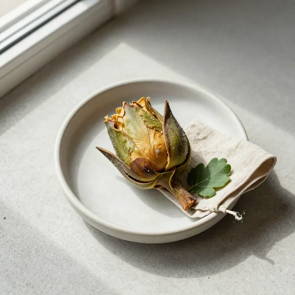 Overhead flatlay of a cannabis flower bud in a ceramic dish with linen and a leaf sprig on pale concrete.