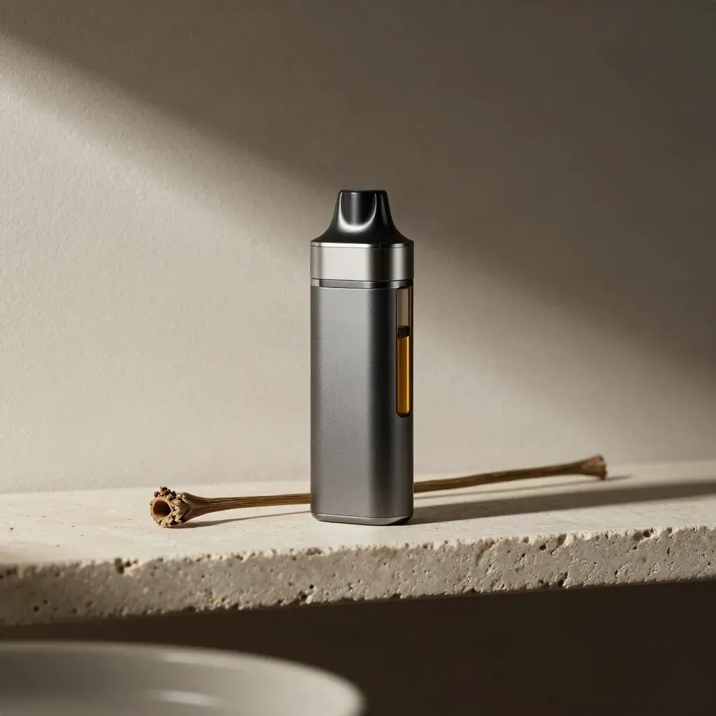 Sleek vape cart and battery with capped pod and stem on a brushed ceramic shelf, side-lit.
