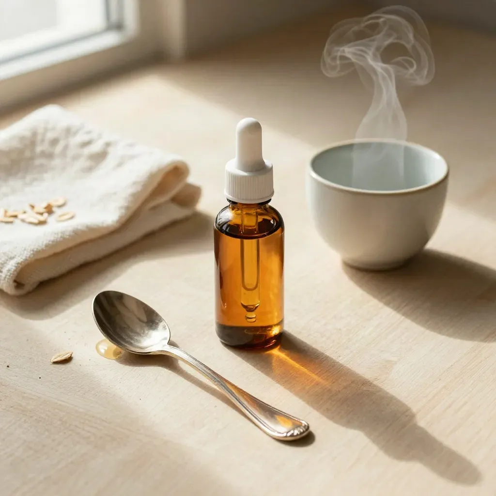Amber CBD tincture bottle with spoon, cloth, and cup on pale wood in soft window light