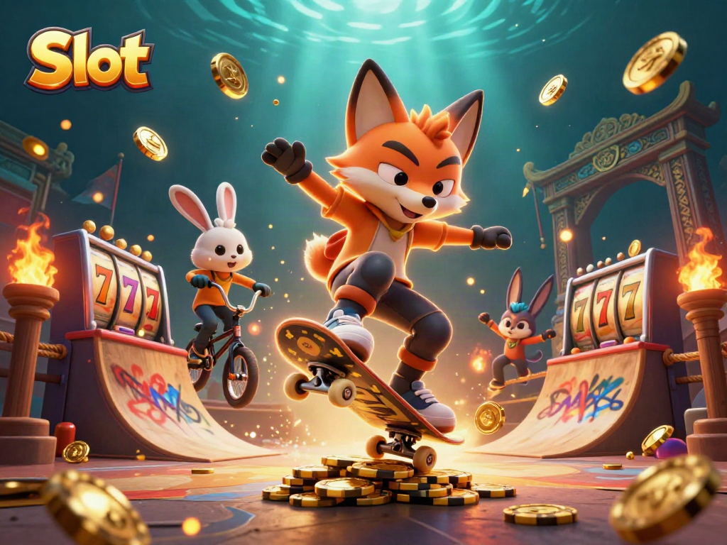 Experience exhilarating Slot action with a skateboarder fox and BMX rabbit in a dynamic casino scene.