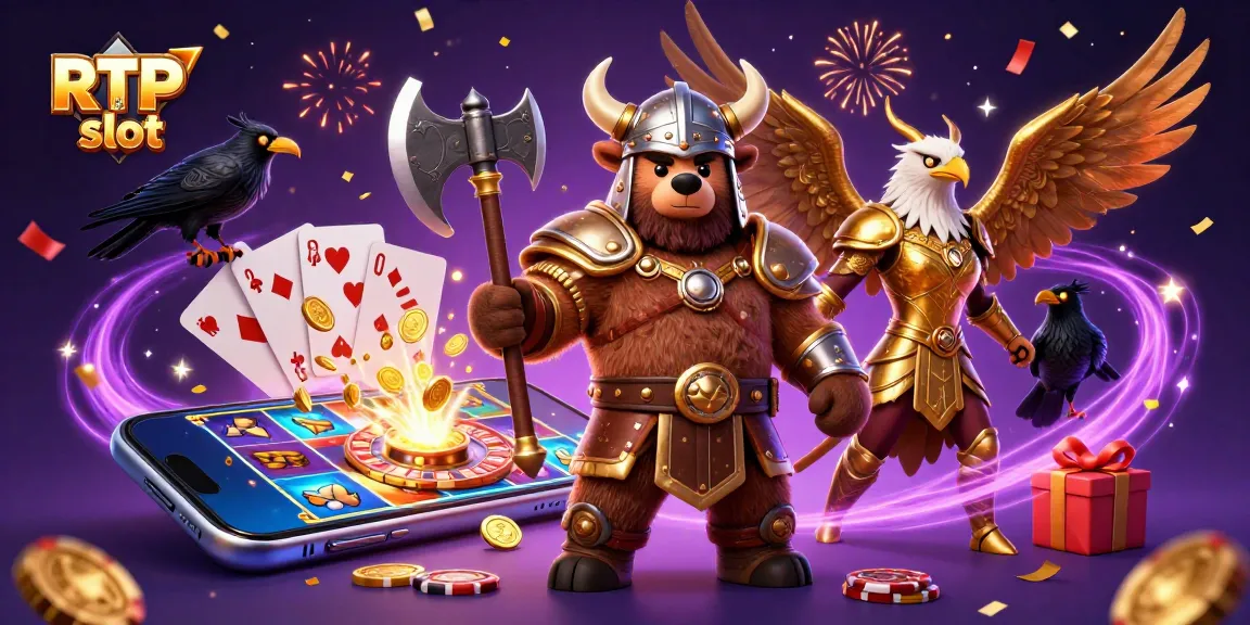 Engage with RTP slot gameplay featuring a Viking bear and Valkyrie eagle amidst vibrant casino elements.