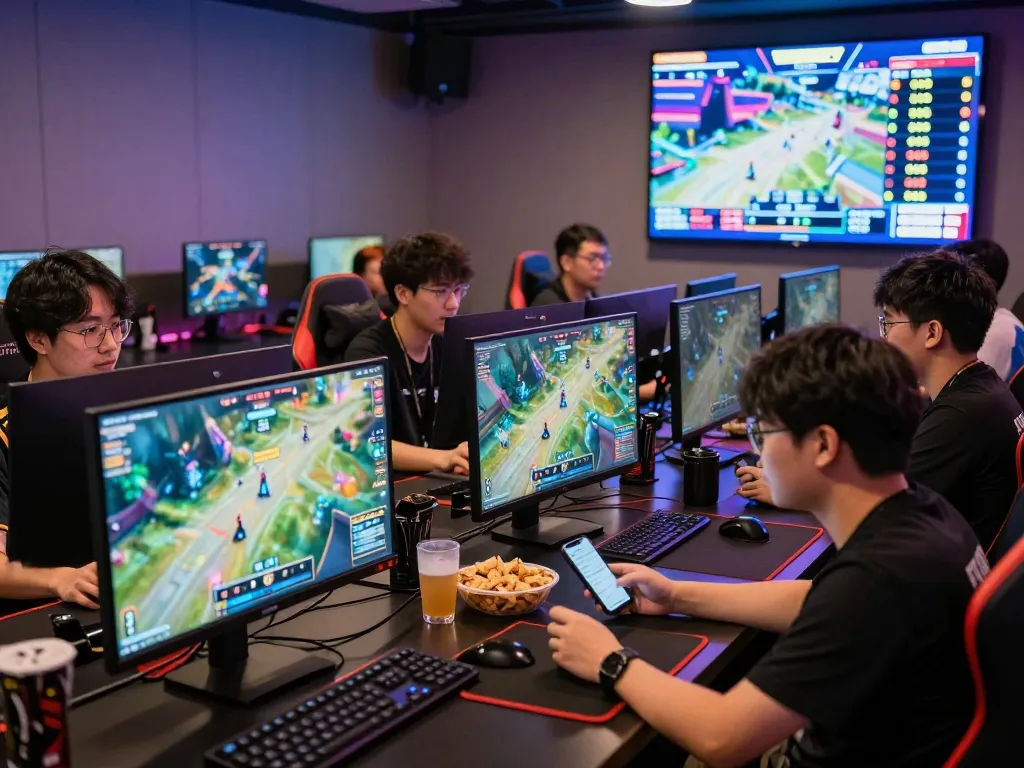 Exciting esports betting Singapore scene with gamers placing bets on live matches and discussing strategies.